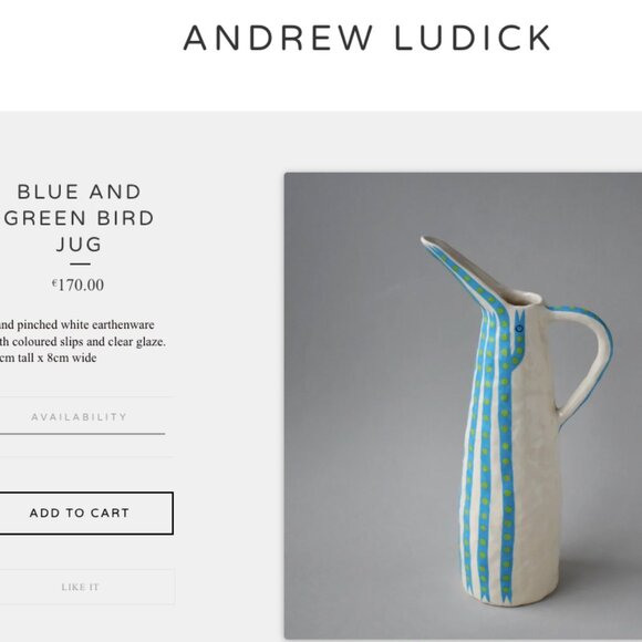 SALE NWT Andrew Ludick Blue & Green bird Jug Anthropologie Handmade Earthenware - Picture 3 of 11